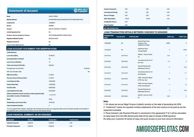 Extrato de conta da Índia Bajaj Finserv para impressão, modelo Word e PDF, 2 páginas